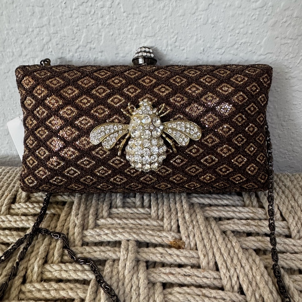 NWT Iris lane Brown and Gold Clutch with Bee Embellishment retails $125